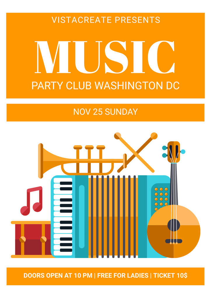 Party Club Invitation with Music Instruments Poster Design Template
