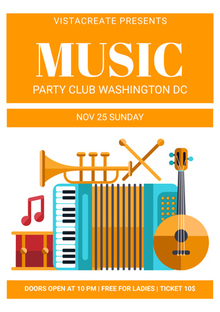 Designvorlage Party Club Invitation with Music Instruments für Poster