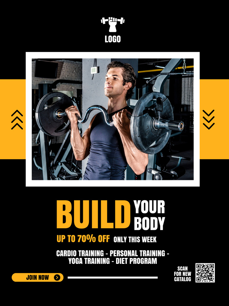 Handsome Man Lifting Barbell at Gym Poster US – шаблон для дизайна