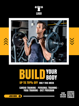 Jóképű férfi súlyzót emelő edzőteremben Poster US tervezősablon