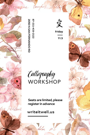 Calligraphy Workshop Announcement Watercolor Flowers Flyer 4x6in Design Template