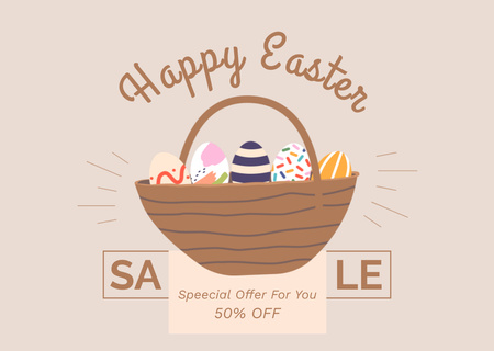 Wicker Basket Full of Traditional Painted Easter Eggs Card Design Template