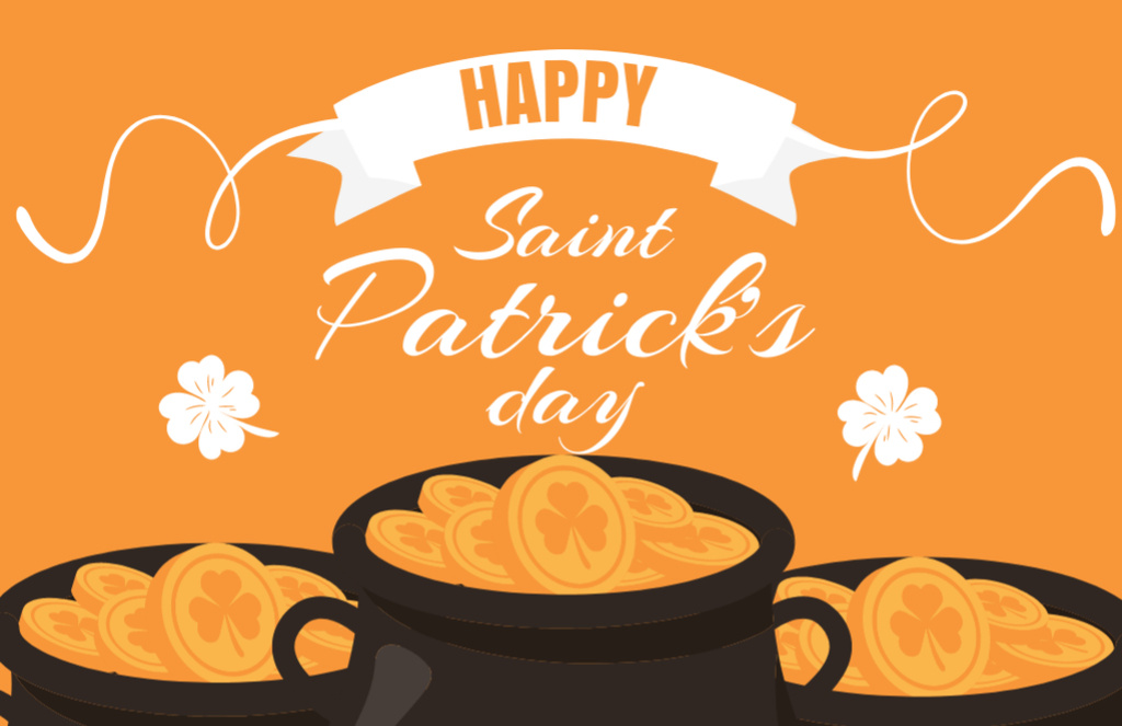 Happy St. Patrick's Day with Pots of Gold on Orange Thank You Card 5.5x8.5in Design Template