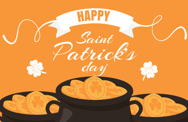 Happy St. Patrick's Day with Pots of Gold on Orange Thank You Card 5.5x8.5in Šablona návrhu