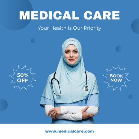 Modèle de visuel Medical Care Services with Woman Doctor - Animated Post
