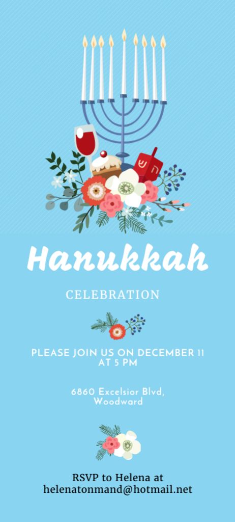 Hanukkah Celebration With Menorah In Blue Invitation 9.5x21cm Design Template