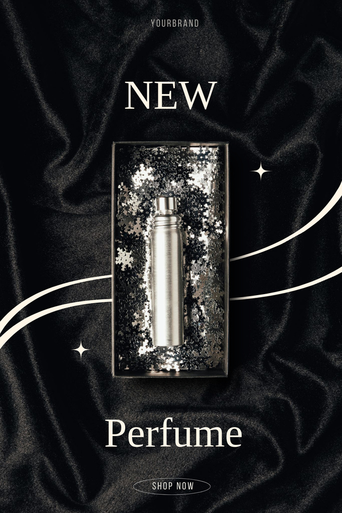 Ontwerpsjabloon van Pinterest van New Fragrance Announcement with Silver Glitter