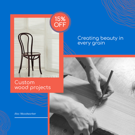 Designvorlage Tischler- und Holzbearbeitungsdienstleistungen mit stilvollem Holzstuhl für Instagram