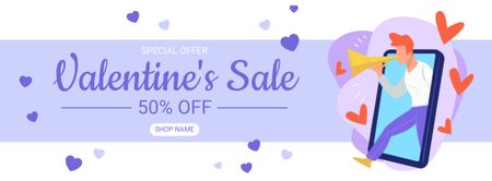 Объявление о распродаже ко Дню святого Валентина с мужчиной с рупором Facebook cover – шаблон для дизайна