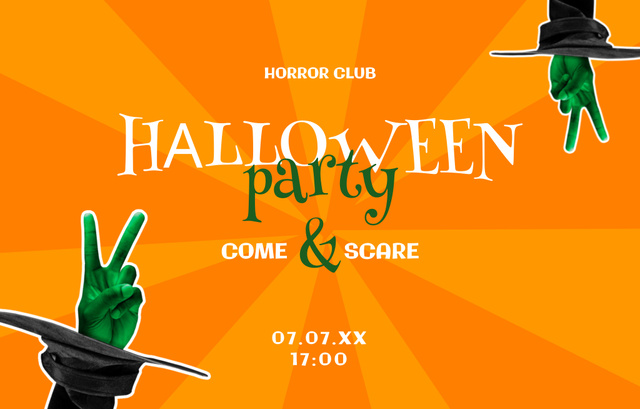 Halloween Party With Hat And Gesture in Orange Invitation 4.6x7.2in Horizontal Design Template