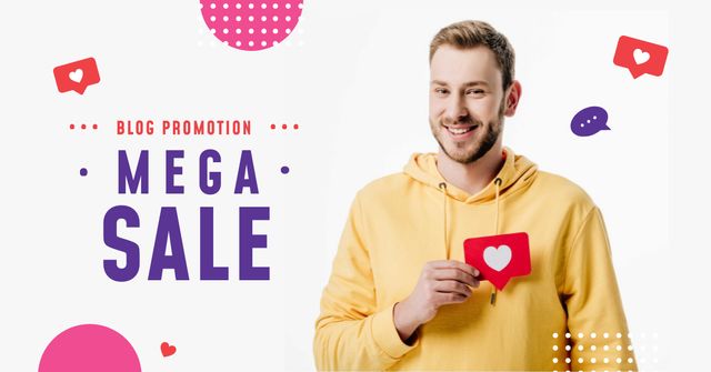 Modèle de visuel Blog Promotion Ad with Man Holding Heart Icon - Facebook AD
