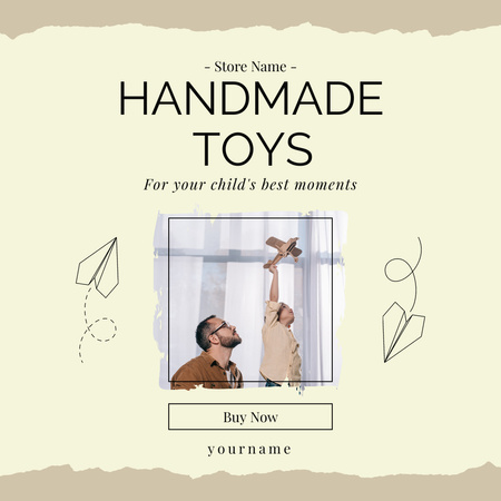 Handmade Toys Ad with Little Boy Playing with Wooden Plane Model Instagram Design Template