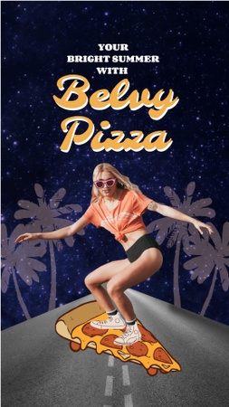 Funny Illustration of Woman on Pizza-Skateboard Instagram Video Story Modelo de Design