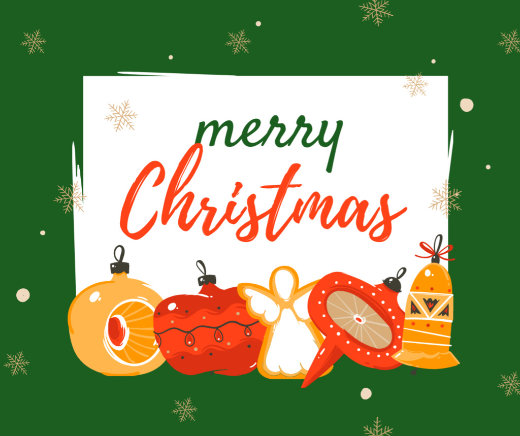 Cute Christmas Greeting with Decorations on Green Facebook Šablona návrhu
