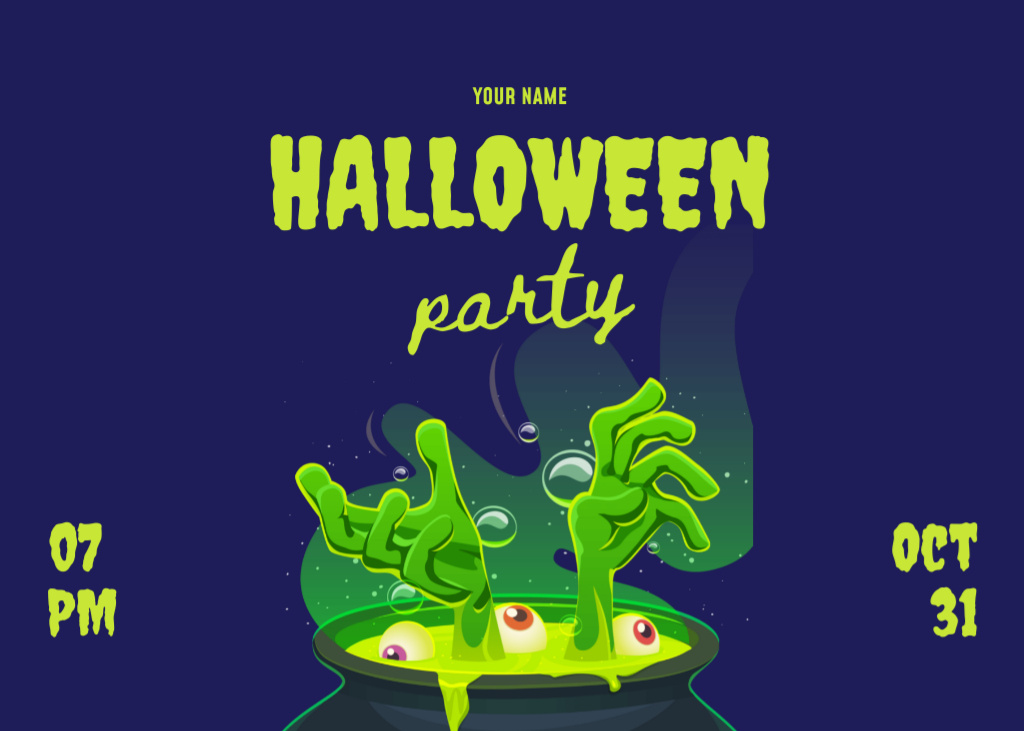 Ontwerpsjabloon van Flyer 5x7in Horizontal van Amazing Halloween Party With Potion in Cauldron In Blue