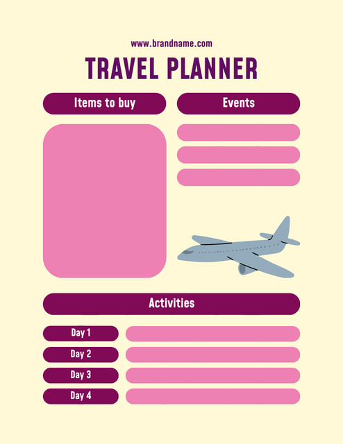 Travel Planner in Pink Yellow with Airplane Notepad 8.5x11in – шаблон для дизайну