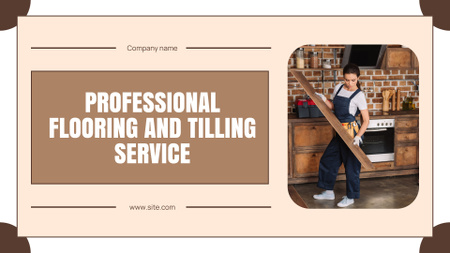 Platilla de diseño Service of Professional Flooring & Tiling with Woman Repairman Presentation Wide