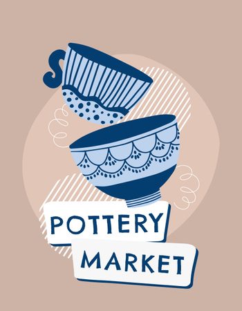 Handmade Pottery Market With Mug And Bowl T-Shirt Design Template