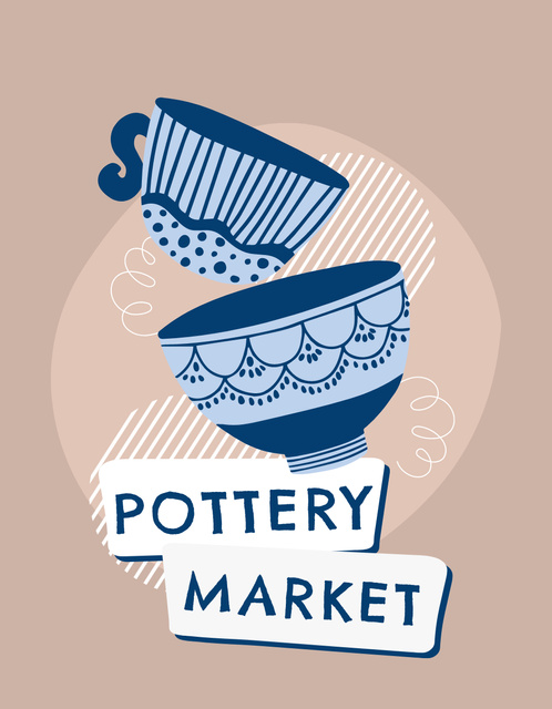 Handmade Pottery Market With Mug And Bowl T-Shirt Tasarım Şablonu