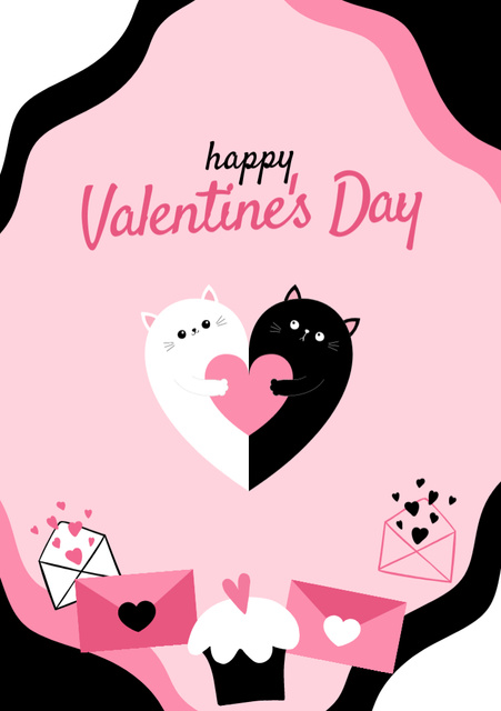 Happy Valentine's Day Cheers With Lovely Cats Postcard A5 Verticalデザインテンプレート