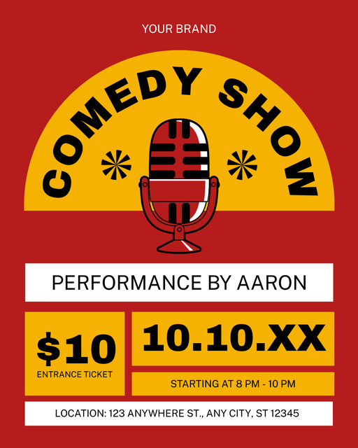 Promo of Comedy Show with Microphone in Red Instagram Post Vertical Design Template