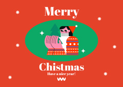 Warm Christmas Congrats Illustrated with Girl Holding Tree