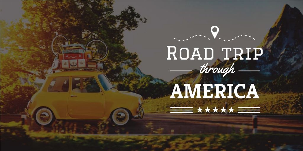 Road Trip Offer with Yellow Car in Mountains Twitter Design Template