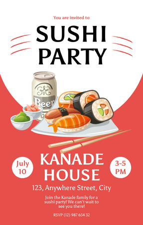 Sushi Party Announcement on Red Invitation 4.6x7.2in Design Template