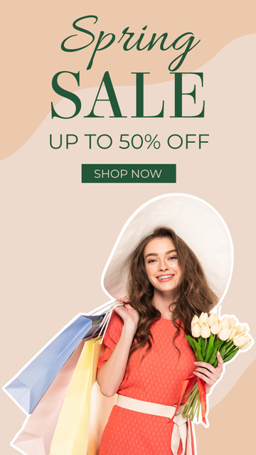 Spring Sale with Young Woman with Tulips and Hat Instagram Story Modelo de Design