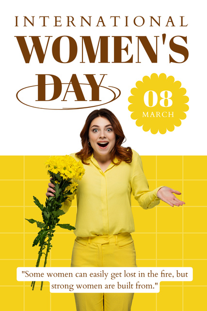 Women's Day Announcement with Woman holding Bouquet Pinterest tervezősablon