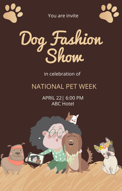 Ontwerpsjabloon van Invitation 4.6x7.2in van Dog Fashion Show Announcement on Brown