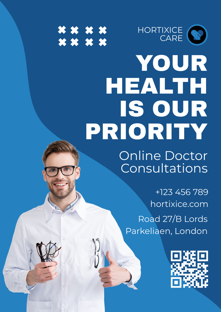 Online Consultations Offer with Friendly Doctor Poster Modelo de Design