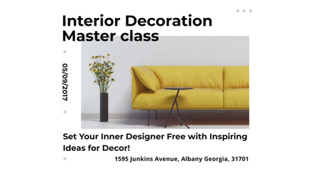 Interior Decoration Event Announcement with Sofa in Yellow Youtube Modelo de Design