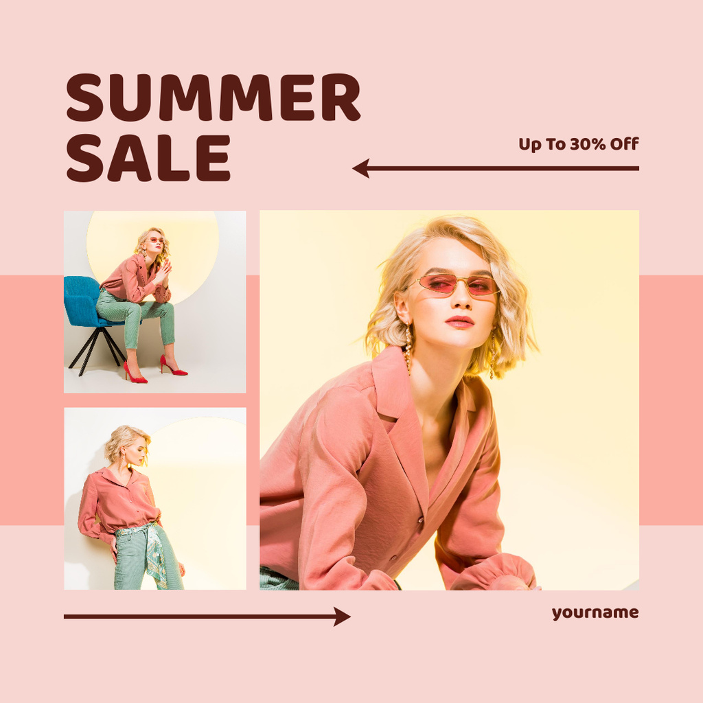 Summer Sale Announcement with Blonde Girl in Pink Glasses Instagram AD Tasarım Şablonu