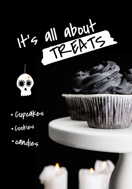 Designvorlage Halloween Treats Ad with Cupcakes and Spooky Skull für Poster 28x40in