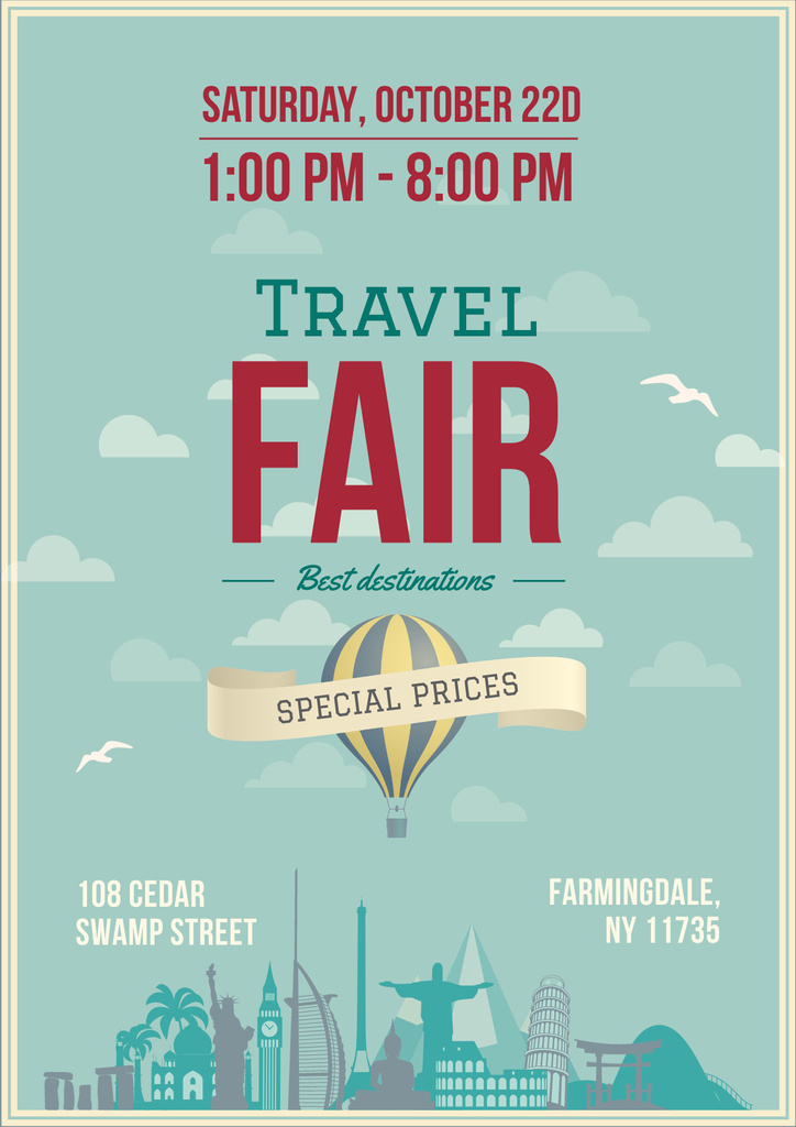 Travel Fair Advertisement with Hot Air Balloon Poster Modelo de Design