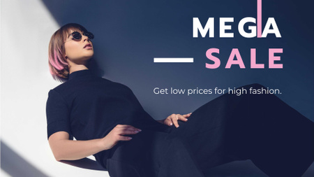 Mulher de venda de moda em óculos escuros e roupa preta FB event cover Modelo de Design