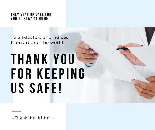 #ThanksHealthHero Coronavirus awareness with Doctors team in clinic Facebookデザインテンプレート