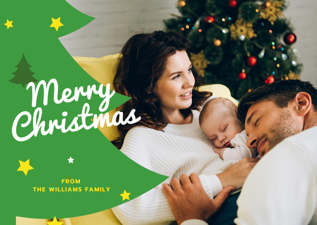 Designvorlage Merry Christmas Greeting with Family with Baby by Fir Tree für Postcard
