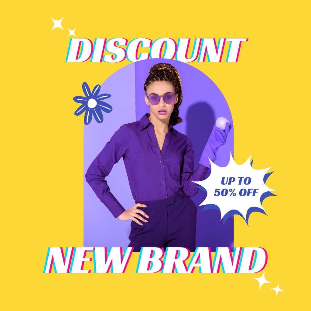 Fashion Ad with Woman in Purple Clothes Instagram Design Template