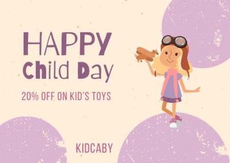 Designvorlage Discount on Toys on Children's Day with Girl with Airplane für Card