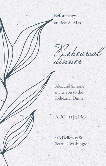 Rehearsal Dinner Ad With Minimalist Leaves Illustration Invitation 4.6x7.2in Design Template