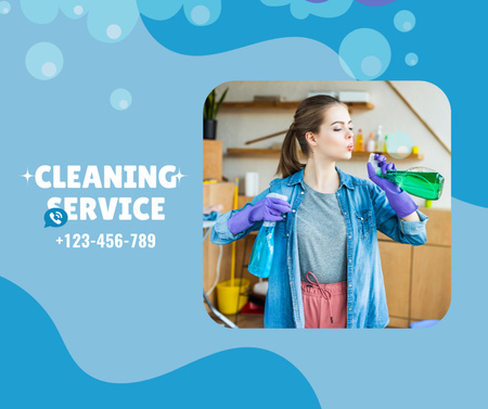 Cleaning Service Ad with Girl in Gloved and Sprayers Facebook Design Template