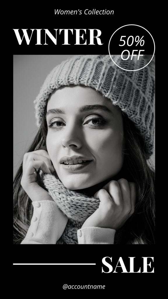 Winter Sale with Young Woman in Knitted Hat Instagram Story Tasarım Şablonu