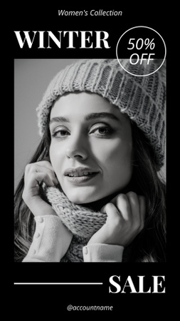 Winter Sale with Young Woman in Knitted Hat Instagram Story Design Template