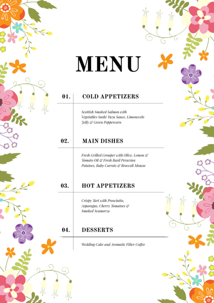 Wedding Dishes List on Cartoon Floral Pattern Menu Šablona návrhu