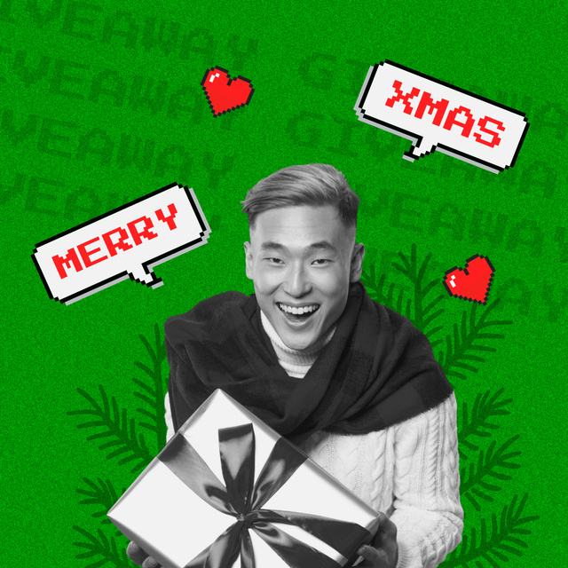 Smiling Guy holding Christmas Gift Instagram tervezősablon