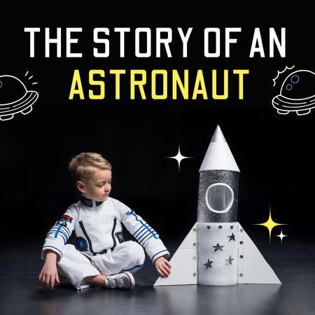 Ontwerpsjabloon van Instagram van jongen in astronaut kostuum met raket