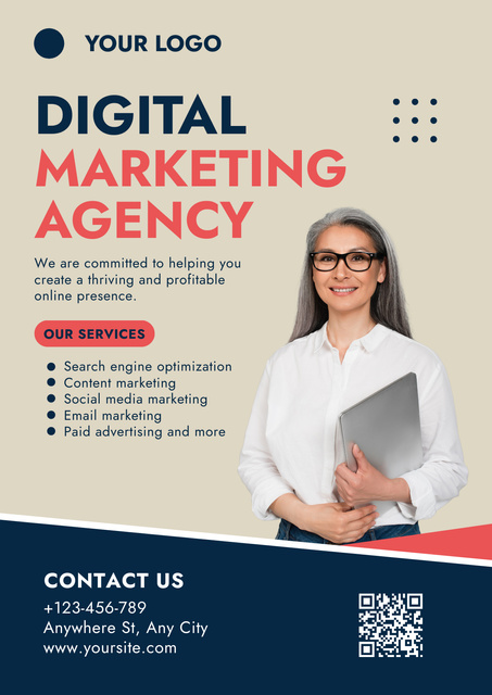 Woman in White Shirt Proposes Digital Marketing Agency Services Poster Modelo de Design