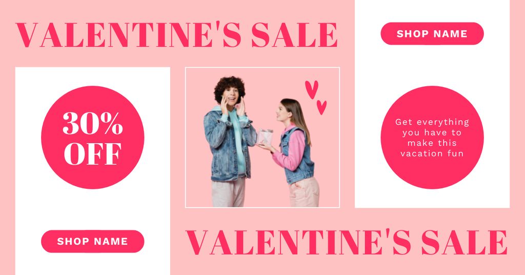 Valentine's Day Sale with Young Cheerful Couple in Love Facebook AD tervezősablon